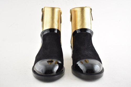 Chanel 18B Gold Black Patent Suede CC Logo Zipper Zip Short Ankle Bootie Boot 35