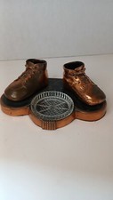 Bronzed Baby Shoes Glass Ashtray Trinket Dish Vintage MCM. Felt Bottom
