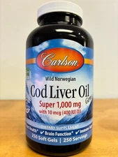 Carlson Cod Liver Oil Gems 1000 mg 250 Soft Gels Wild Norwegian with (400 iu) D3