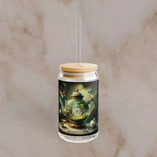 Fantasy Teapot Sipper Glass - 16oz with Bamboo Lid and Straw