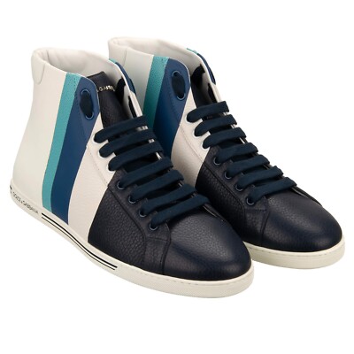 DOLCE & GABBANA DG Logo High Top Leder Sneaker Schuhe SAINT TROPEZ Weiß Blau