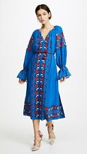 ULLA JOHNSON Blue Red Floral Embroidered Cotton Boho Midi Dress 2 (NO Waist Tie)