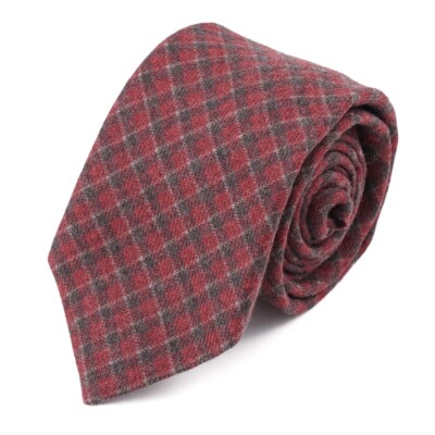 Isaia Napoli Raspberry Red-Brown-Gray Check Print Soft Wool Tie New