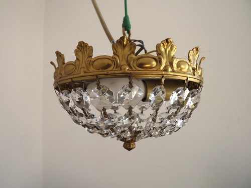 Exquisite French Mid-Century Brass & Crystal Crown Bag Light – Flush Mount 5229