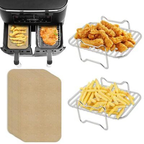 2x Air Fryer Rack Set with 100pcs Parchment Paper Double Basket Air Fryer Liners