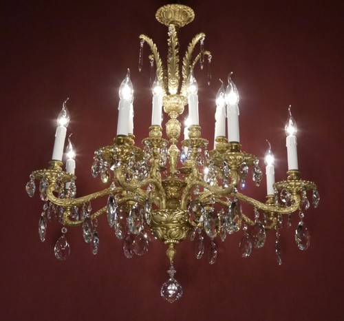 CHANDELIER LARGE ANTIQUE BRASS CRYSTAL GOLD BRONZE 16 LAMP SPANISH Ø 32" - Picture 9 of 10