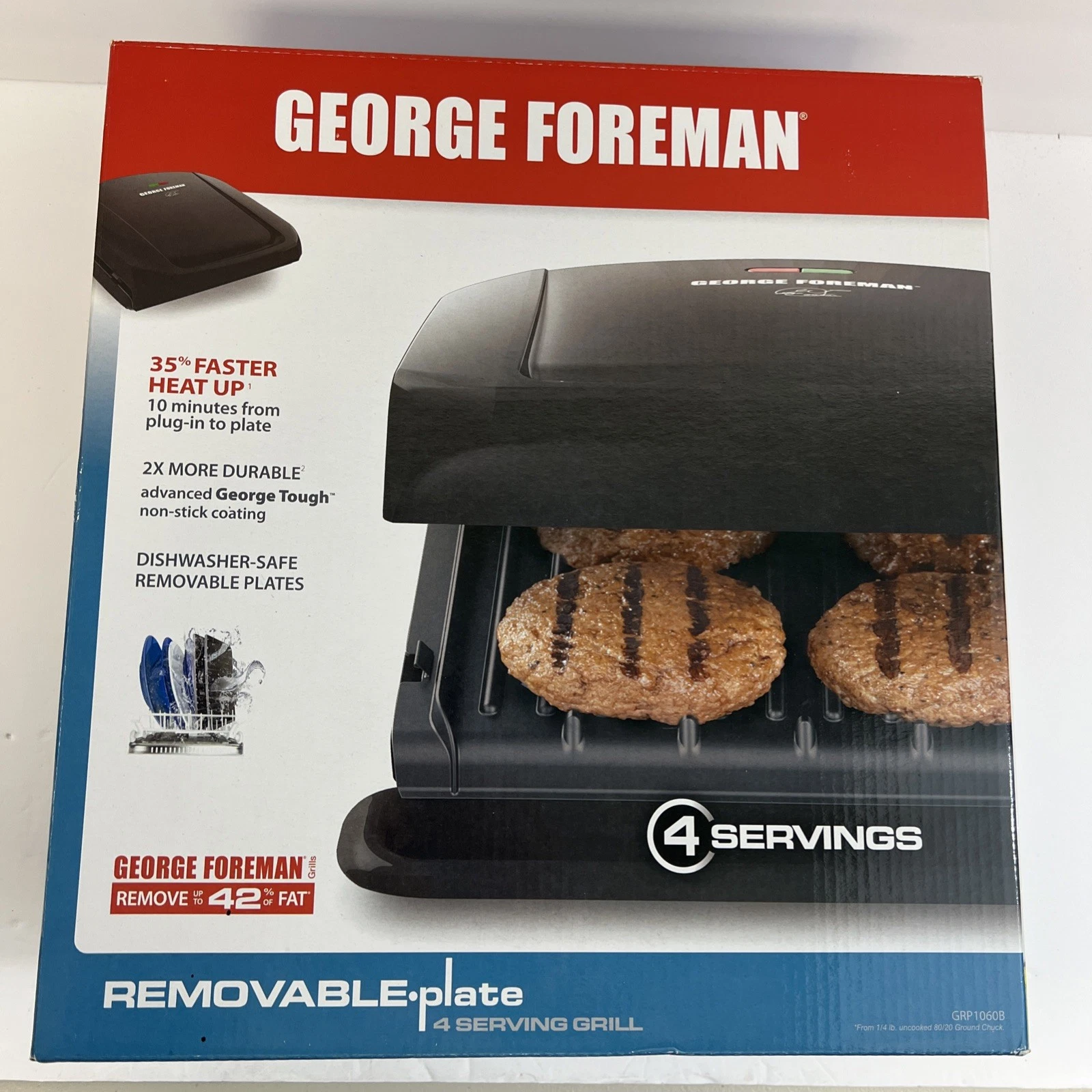 George Foreman 4-Serving Grill w/ Removable Dishwasher-Safe Plates Open Box