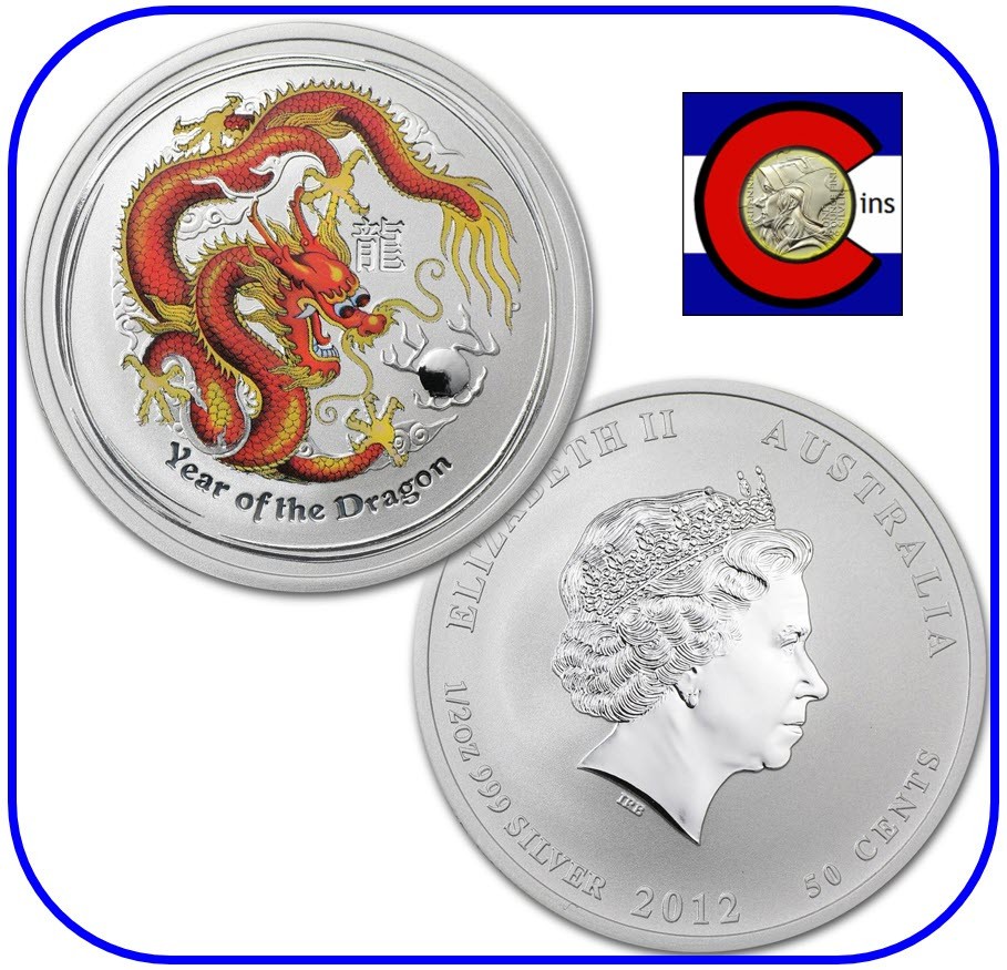 2012 Australia Lunar Dragon Colorized 1/2 oz 0.999 Silver BU Coin 2012 Australia Lunar Dragon Colorized 1/2 oz 0.999 Silver BU Coin
