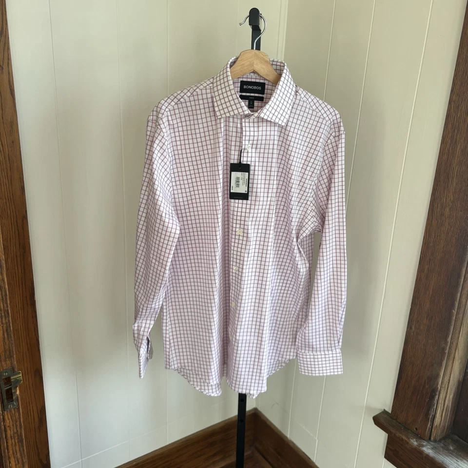 Bonobos Mens 17-35 Slim Fit Dress Shirt Mauve Check Plaid Long Slv Ild Money NWT - Image 2 of 4