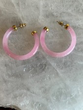 VINTAGE PINK HOOP EARRINGS LUCITE STYLE GOLD TONE PIERCED 1.5", 0.3oz