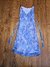 vintage Byer Too Blue Purple Floral Chiffon A-Line V-Neck Tie Dress Size 9