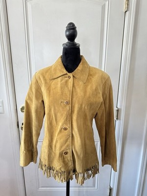 Rem Garson THE SECOND SKIN Women's Fringe Collared Tan Jacket L see descr