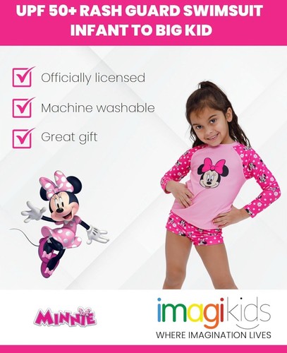 Disney Minnie Mouse UPF 50+ Rash Guard and Swim Shorts Swimsuit Set Inf To Kid - Picture 2 of 5