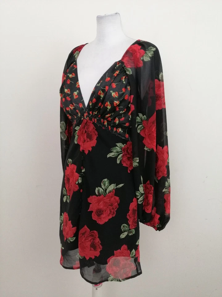 Asos Womens Dress Size 12 Black Floral Plunge Balloon Sleeve Open Back Used F1 — 第 2/4 张图片