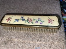 Vintage Petit Point Dressing Table Clothes Brush Ormolu Gilt Under Glass 1950s