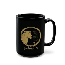 Be Strong & Courageous KJV Mug Set | Gold Lion & Lioness His & Hers Black Cups