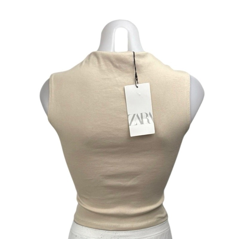 NEW Zara Beige Sleeveless Mock Neck Tank Knit Vest Sweater Crop Top Size S  thumbnail 2