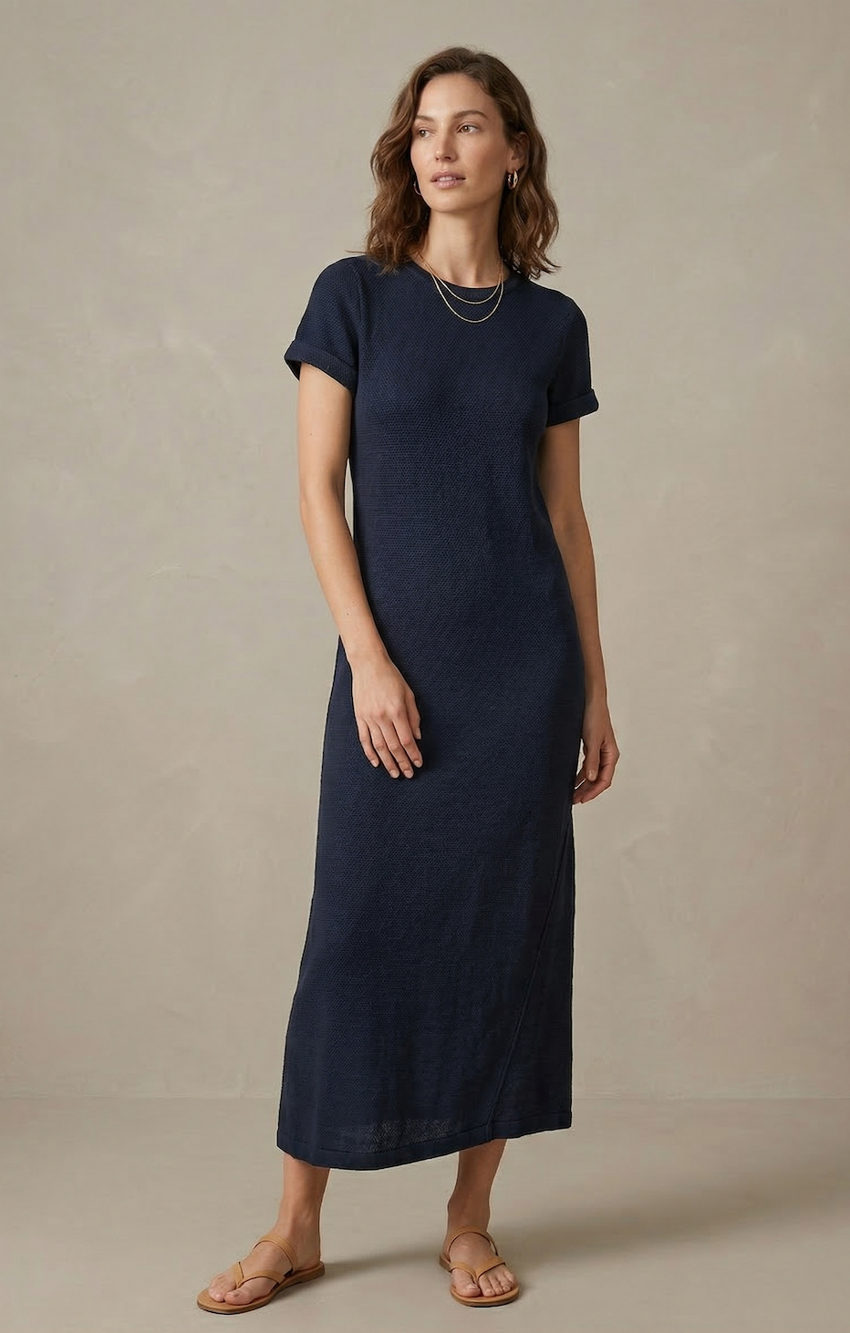 EUC Jenni Kayne Willow Knit Navy 100% Linen Short Sleeve Midi Dress Sz XS