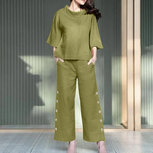 New Women 3/4 Sleeve Cotton Tops Wide Leg Elastic Waist Trousers Suit Outfits - Picture 11 of 18
