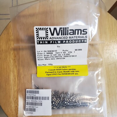 Williams Advanced Materials Tin 0.125in dia X 0.250in length 99.995 Purity NEW