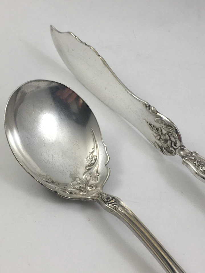 Oneida Extraplate ROXBURY Moneda Plata 1906 Cuchara de Azúcar y Cuchillo Maestro Mantequilla Foto 2 de 4