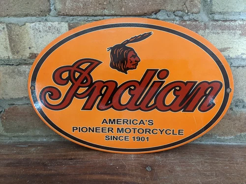 VINTAGE INDIAN MOTORCYCLE OVAL PORCELAIN DEALERSHIP CHIEF SIGN 12" X 8"