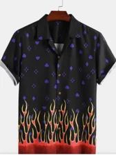 Romwe  Shirt fire flame button up black  size small