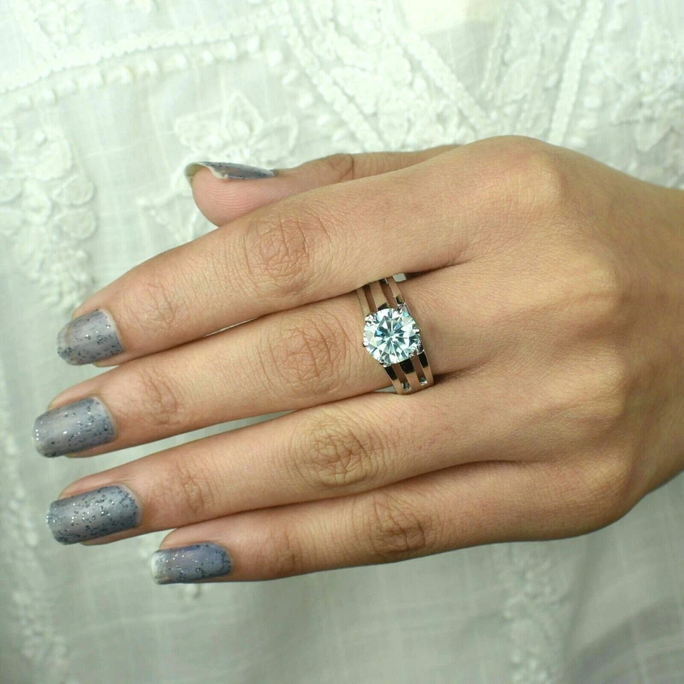 3CT Azul Tratados Diamante Anillo En 925 Plata de Ley Gran Luster Certificado - Imagen 2 de 4