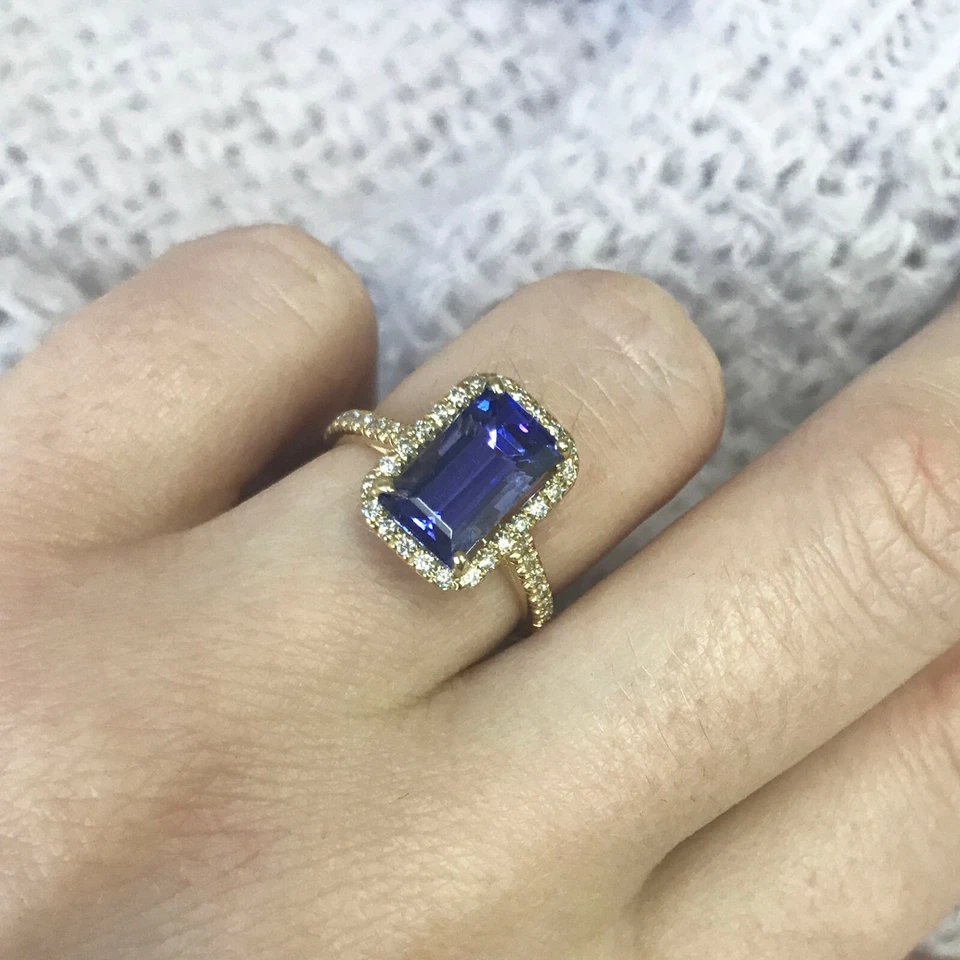 Anel de noivado halo ouro amarelo 14k sólido tanzanita natural e diamante 3,2 ctw - Imagem 2 de 4