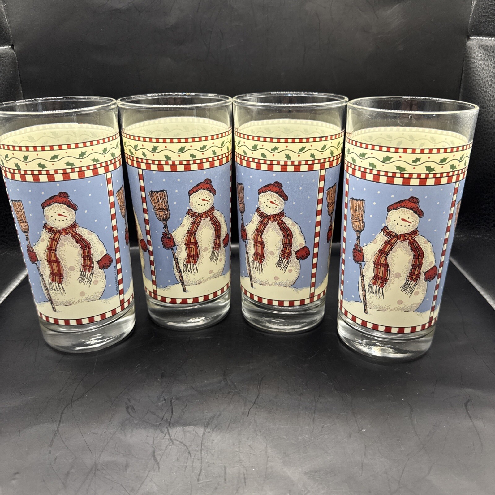 Sakura Debbie Mumm Winter Snowman 12oz Highball Glass Set of 4 Christmas 1998