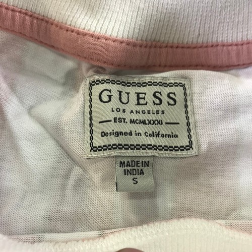 GUESS Shirt Men Small Pink White Striped Crew Neck Long Sleeve Spell Out - Picture 5 of 10