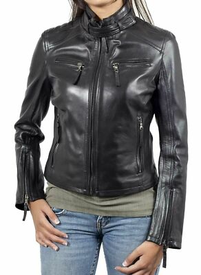 100% Real Brand New Genuine Lambskin Leather Womens Black Motorcycle Jacket/Coat