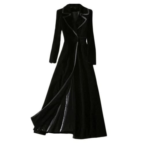 Womens Black Velvet Suit Lapel Collar Coats Trench Slim Maxi Outwear Overcoat - Picture 20 of 24