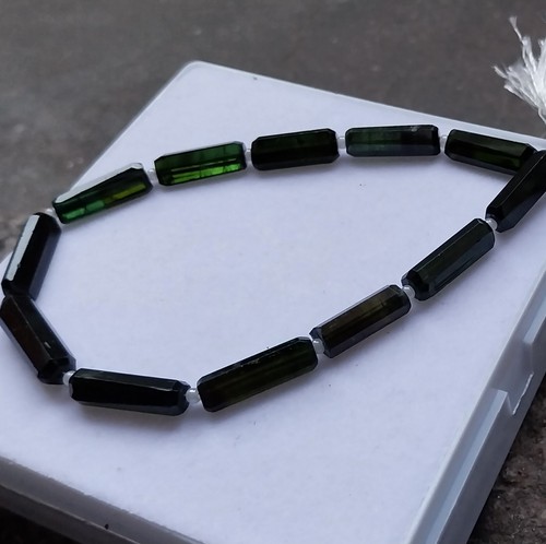 62 Ct 15 to 18.5 MM Natural Deep Green Tourmaline Faceted Pencil 8 Inch Necklace - Picture 2 of 24