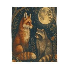 Cozy Enchanted Forest Velveteen Plush Blanket, Fox and Raccoon Design Blanket