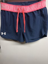 Under Armour G girl athletic shorts navy blue coral pink waistband sz Small S
