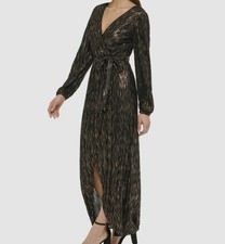 Guess Black Gold Metallic Dress Faux Wrap Tie Belt Tulip Hem Long Sleeve 16