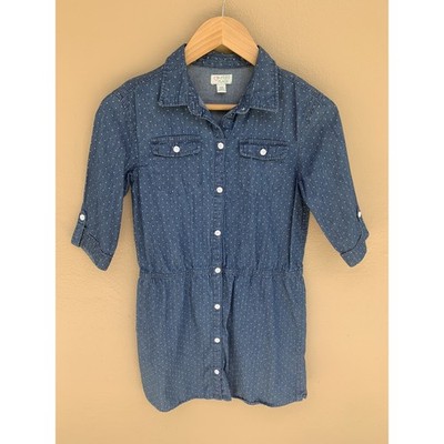 The Childrens Place Girls Blue Polka Dot Denim Chambray Shirt Dress Size L 10/12