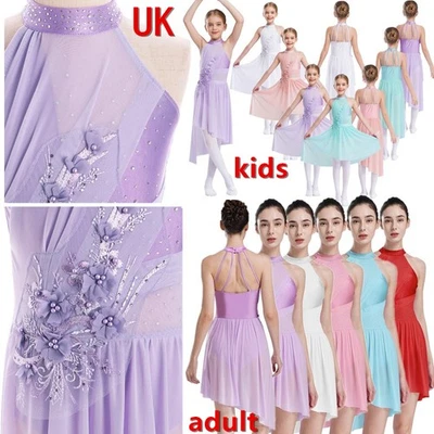 UK Women Girls Lyrical Dance Leotard Modern Contemporary High-Low Ballet Dress