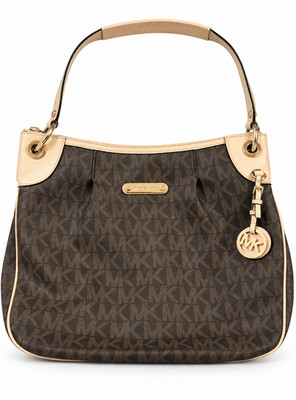Michael Kors MK Signature Brown Cream Gold-Tone Shoulder Bag With MK Charm