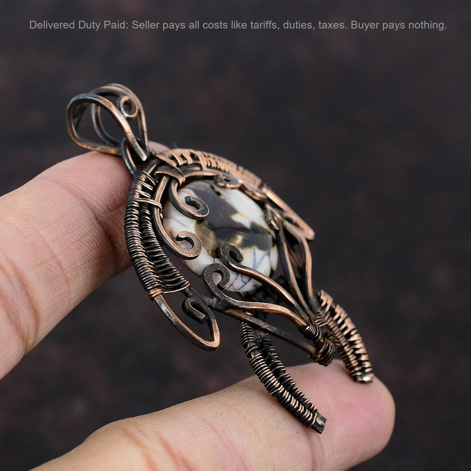 Joyería colgante de tortuga envuelta en alambre hecho a mano piedra de jaspe de madera de cacahuete de cobre Foto 3 de 4