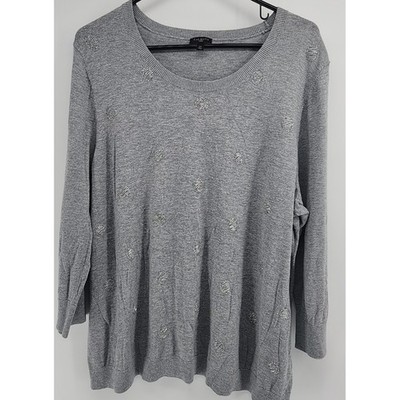 Talbots Women Embroidered Beaded 3/4 Sleeve Crew Neck T-Shirt Gray Size 2X