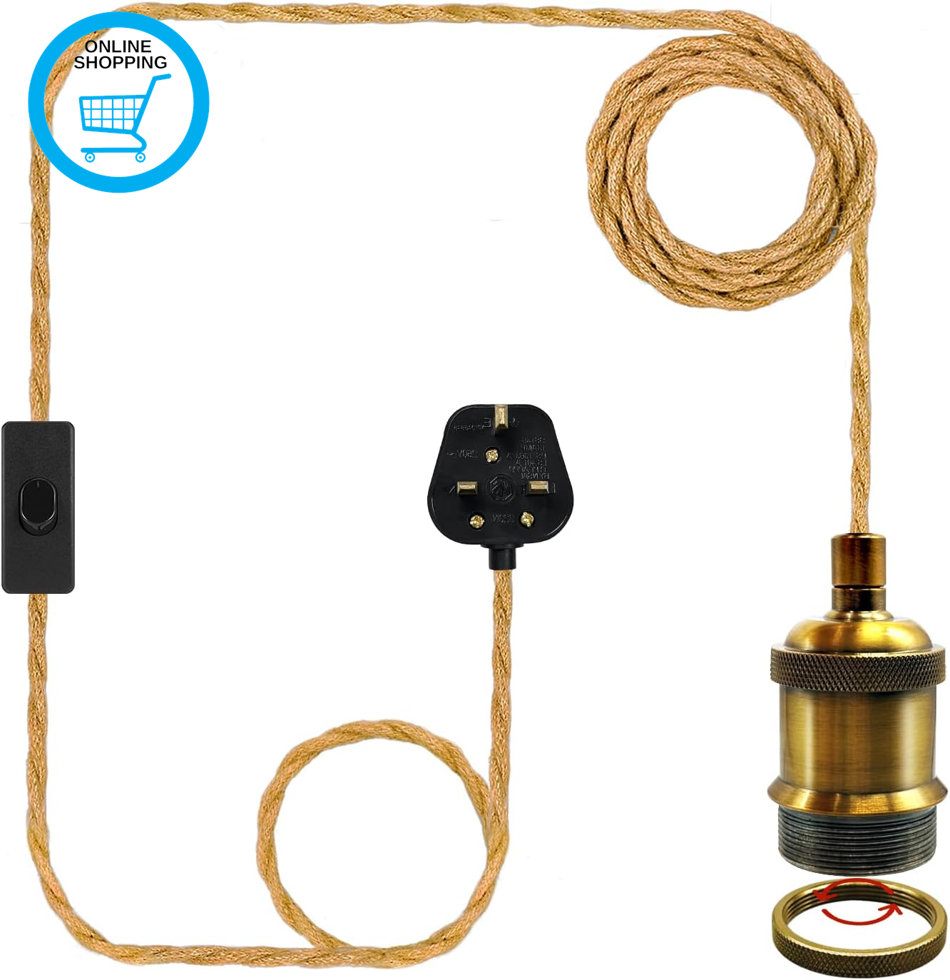510Cm Plug in Hemp Rope Pendant Light, Antique Bronze E27 E26 Metal Lamp Holder
