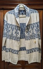 Chaps Denim Sweater Blue Ivory Southwest Aztec Boho Open Cardigan Sz M