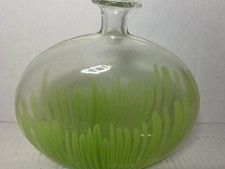 VTG Hand Blown Flattened Squat Art Glass Vase - Clear with Green Pulled Stripes