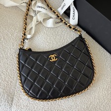 Chanel Quilted Leather Chain Trim Hobo Bag Crescent Bag Lambskin [Duties Paid]