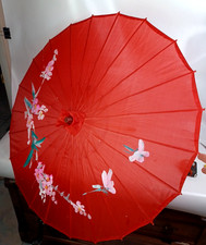 Red vintage Japanese parasol hand-made hand painted Cherry Blossoms 32"