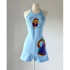Vintage 1970s 70s Blue Romper Shorts Halter Hot Pants Playsuit XS