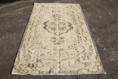 Vintage Turkish Large Rug 5,2x8,2 ft, Beige Wool Rug