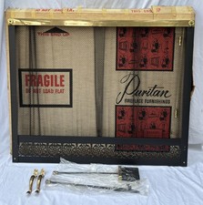 Vintage Mid Century Gold & Black Metal Fireplace Screen w/ Brush Poker & OG BOX